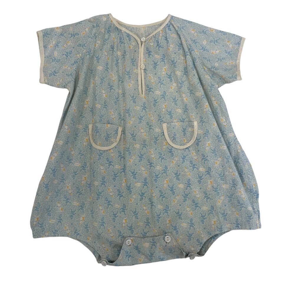Vintage Handmade Blue Yellow Printed Short Sleeve Bubble One Piece Boys ASIS